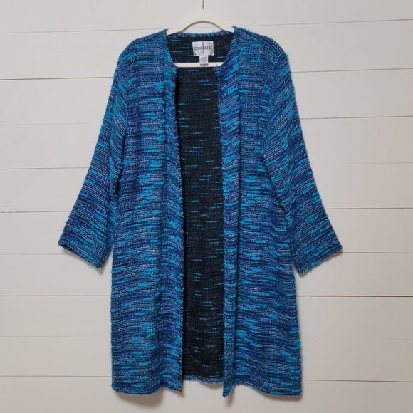 Chico's Sweaters - Chico’s Blue Turquoise Knit Open Front Long Cardigan Duster, Chico's Size 2